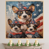 Australian Cattle Dog Mom and Puppies in Patriotic Outfits and Star Hats with American Flag Backdrop in Rustic Painting Style on Ready to Hang 1.5" Thick Canvas Wrap, Floating Framed Canvas, Flat Rolled Canvas